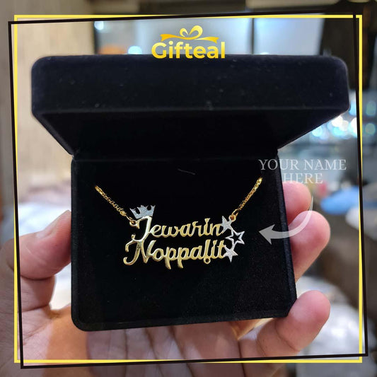 Glittery Crown and Stars Double Name Necklace - Gifteals